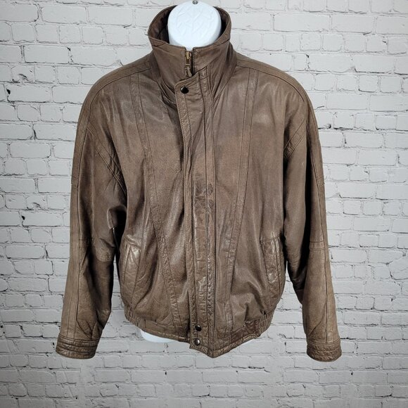 VTG Aggio Brown Genuine Soft Leather Full Zip Snap Pockets Bomber Jacket Large L - Picture 1 of 16